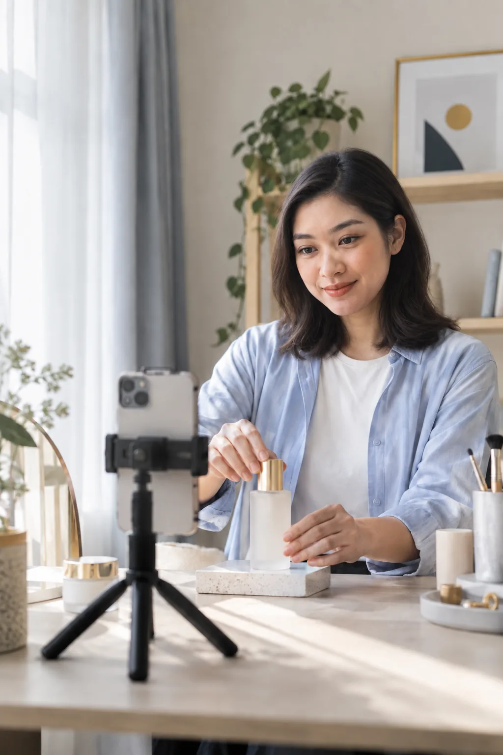A content creator filming a product in her studio